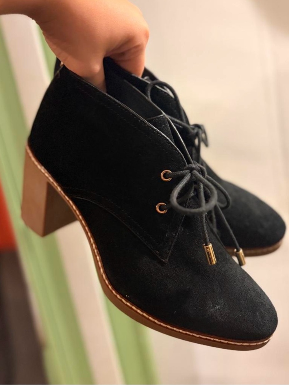 Tory Burch Black Suede Lace-Up Women’s stack heeled boot with gold lace shorts